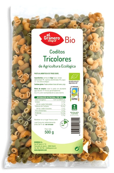 El Granero Integral Coditos tricolores bio 500g El Granero Integral Coditos tricolores bio 500g